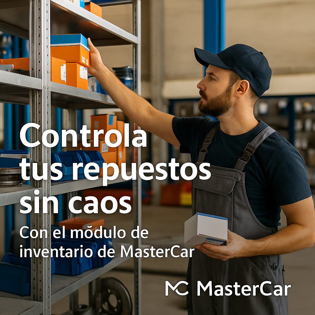 Mecánico organizando repuestos en bodega con el módulo de inventario de MasterCar, software para talleres mecánicos en Chile